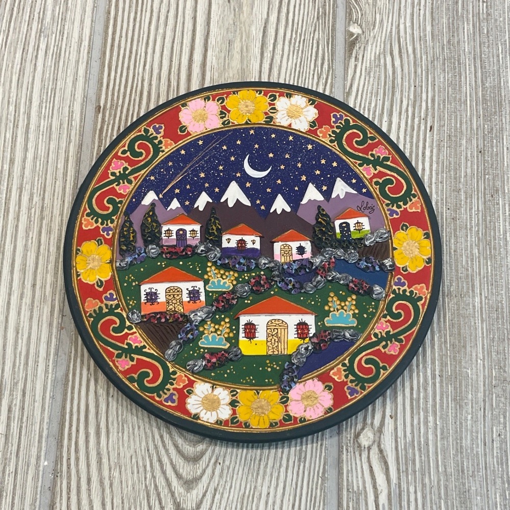 Lobo's Merida Venezuela Hand Painted Folk Art Wall Plate Village Scene 5.5"